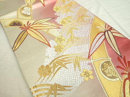 平和屋着物■全通柄袋帯　笹竹花文　金糸　正絹　逸品　DAAP8541sf