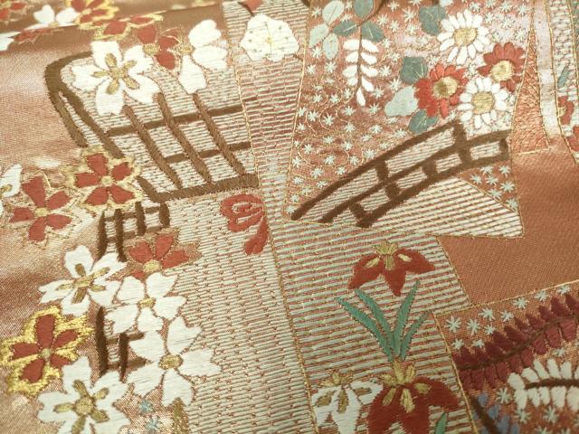 平和屋着物■六通柄袋帯　唐織　色紙花鳥文　金糸　正絹　逸品　DAAP8581sf