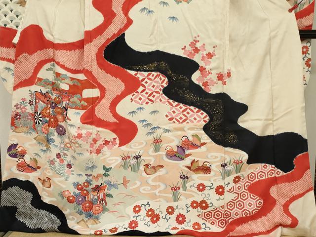 平和屋着物□豪華振袖 駒刺繍 絞り 御所車鴛鴦花文 金彩 正絹 逸品