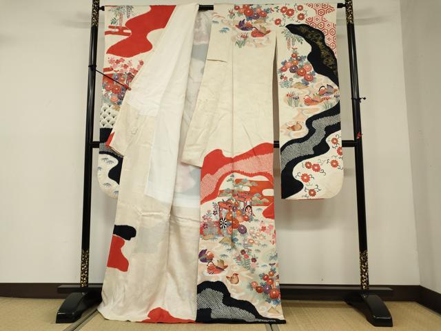 平和屋着物□豪華振袖 駒刺繍 絞り 御所車鴛鴦花文 金彩 正絹 逸品
