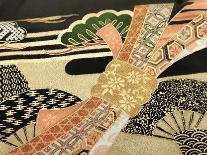平和屋着物■豪華黒留袖　万寿染　駒刺繍　束ね熨斗扇面松文　金彩　やまと誂製　正絹　逸品　DAAP9468ma