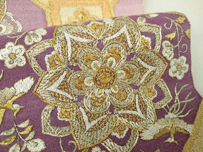 平和屋着物●京の名門　じゅらく謹製　帝王紫　爪掻き本綴れ　太鼓柄袋帯　駒刺繍　蜀江鳳凰花文　金糸　反端付き　正絹　逸品　DAAQ2825ps