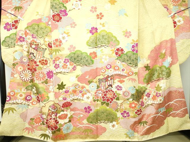 平和屋着物●豪華振袖 駒刺繍 雪輪御所車貝桶花文 金彩 正絹 逸品 DAAQ2926ps