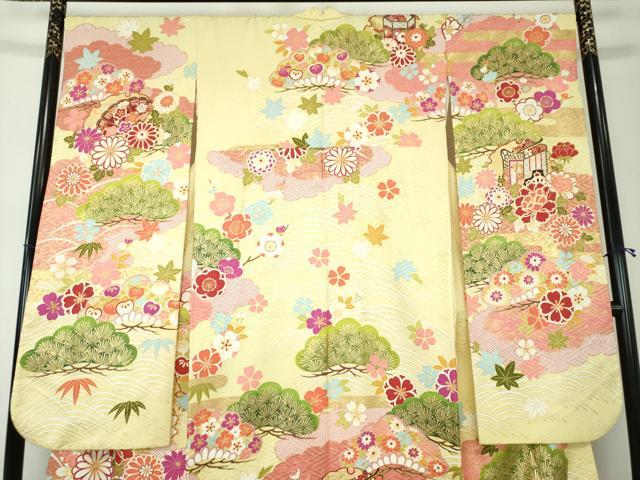平和屋着物●豪華振袖 駒刺繍 雪輪御所車貝桶花文 金彩 正絹 逸品 DAAQ2926ps