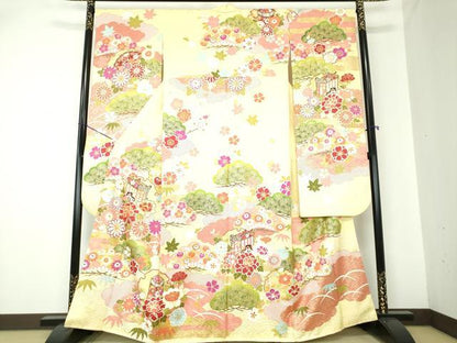 平和屋着物●豪華振袖 駒刺繍 雪輪御所車貝桶花文 金彩 正絹 逸品 DAAQ2926ps