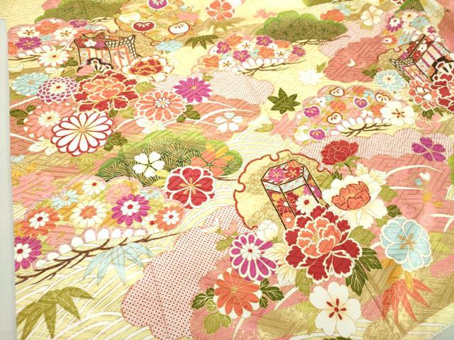 平和屋着物●豪華振袖 駒刺繍 雪輪御所車貝桶花文 金彩 正絹 逸品 DAAQ2926ps