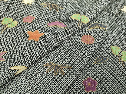 平和屋着物●訪問着 駒刺繍 総刺繍 絞り 松竹梅 黒地 金糸 正絹 逸品 未使用 DAAQ2947ps