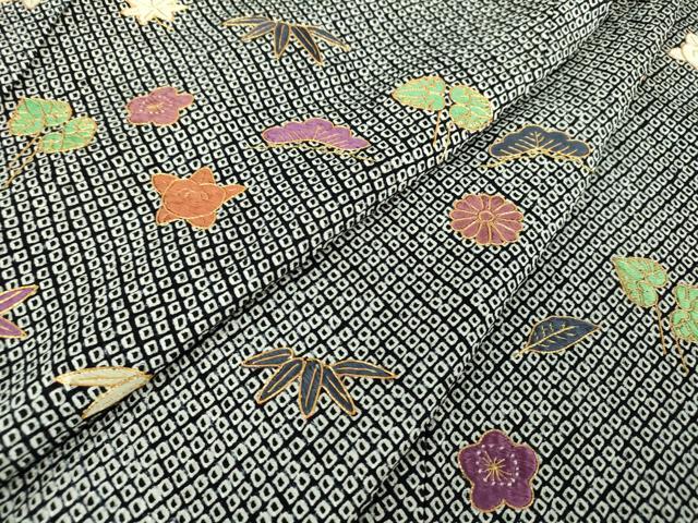 平和屋着物●訪問着 駒刺繍 総刺繍 絞り 松竹梅 黒地 金糸 正絹 逸品 未使用 DAAQ2947ps