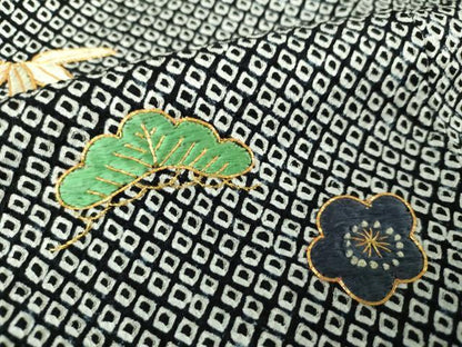 平和屋着物●訪問着 駒刺繍 総刺繍 絞り 松竹梅 黒地 金糸 正絹 逸品 未使用 DAAQ2947ps