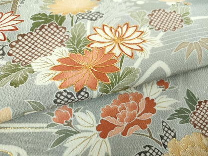 平和屋着物●創業460年・千總 訪問着 駒刺繍 流水花文 鬼しぼ縮緬 金彩 高島屋扱い 正絹 逸品 DAAQ2982ps