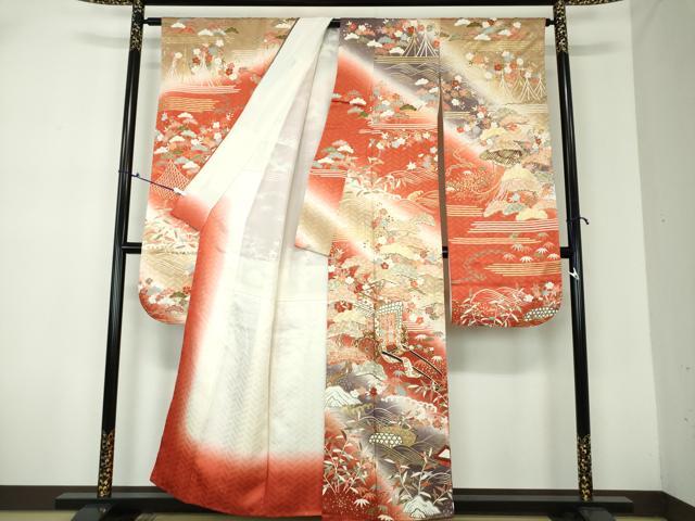 平和屋着物●十日町老舗ブランド 吉澤友禅 吾妻徳穂 振袖 駒刺繍 御所車花文 暈し染め 金彩 正絹 逸品 DAAQ3003ps