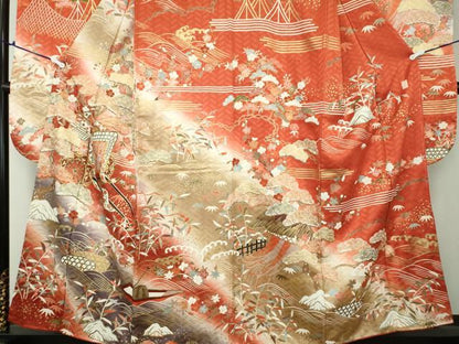 平和屋着物●十日町老舗ブランド 吉澤友禅 吾妻徳穂 振袖 駒刺繍 御所車花文 暈し染め 金彩 正絹 逸品 DAAQ3003ps