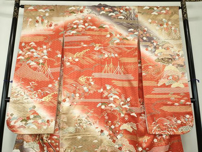 平和屋着物●十日町老舗ブランド 吉澤友禅 吾妻徳穂 振袖 駒刺繍 御所車花文 暈し染め 金彩 正絹 逸品 DAAQ3003ps