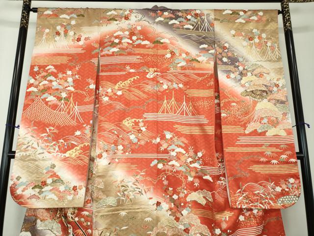 平和屋着物●十日町老舗ブランド 吉澤友禅 吾妻徳穂 振袖 駒刺繍 御所車花文 暈し染め 金彩 正絹 逸品 DAAQ3003ps