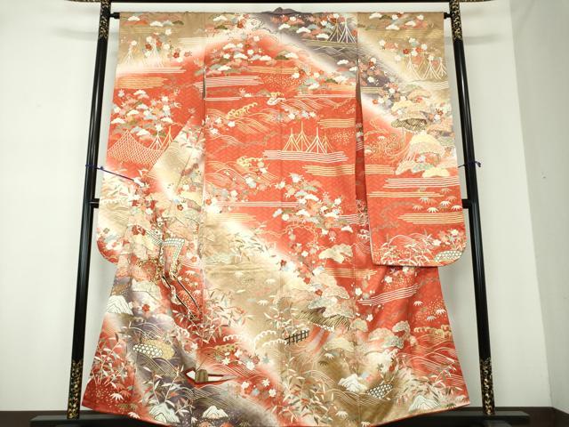 平和屋着物●十日町老舗ブランド 吉澤友禅 吾妻徳穂 振袖 駒刺繍 御所車花文 暈し染め 金彩 正絹 逸品 DAAQ3003ps