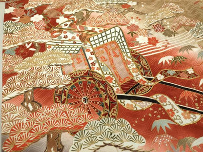 平和屋着物●十日町老舗ブランド 吉澤友禅 吾妻徳穂 振袖 駒刺繍 御所車花文 暈し染め 金彩 正絹 逸品 DAAQ3003ps