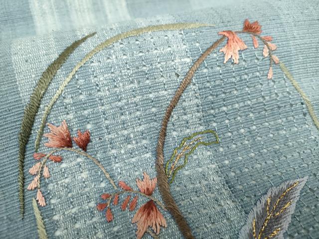 平和屋着物●中国三大刺繍　スワトウ刺繍　汕頭刺繍　総刺繍　九寸名古屋帯　紬地　草花文　金糸　正絹　逸品　DAAQ3013ps