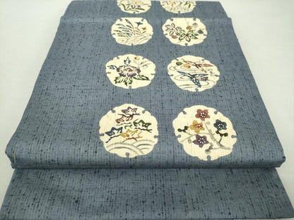 平和屋着物●九寸開き名古屋帯 ぜんまい紬 型染 雪輪花文 正絹 逸品 DAAQ3016ps