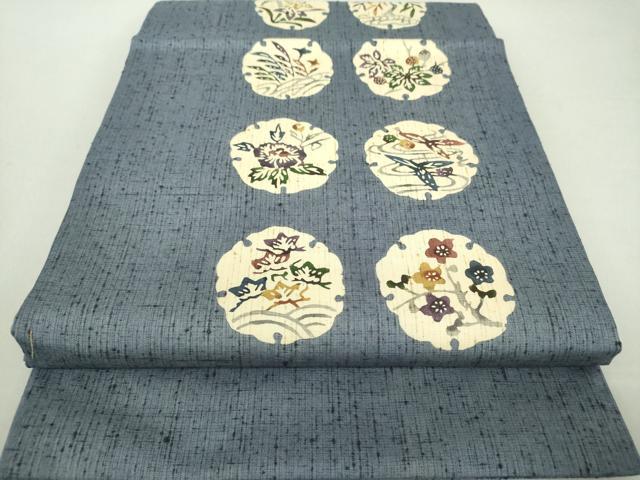 平和屋着物●九寸開き名古屋帯 ぜんまい紬 型染 雪輪花文 正絹 逸品 DAAQ3016ps