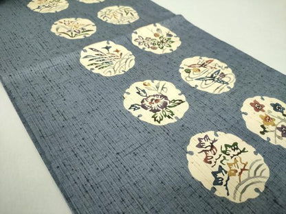 平和屋着物●九寸開き名古屋帯 ぜんまい紬 型染 雪輪花文 正絹 逸品 DAAQ3016ps