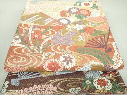 平和屋着物●佐賀錦　六通柄袋帯　唐織　扇面花文　金糸　正絹　逸品　DAAQ3049ps