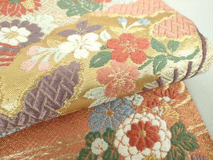 平和屋着物●佐賀錦　六通柄袋帯　唐織　扇面花文　金糸　正絹　逸品　DAAQ3049ps