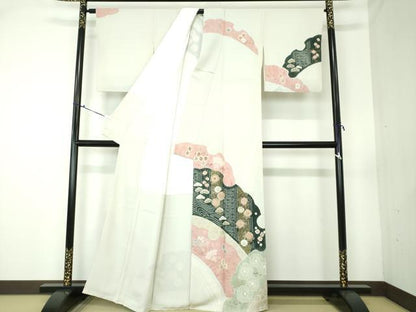 平和屋着物●十日町 名門 滝泰謹製 訪問着 絞り 雪輪花文 金彩 正絹 逸品 DAAQ3078ps