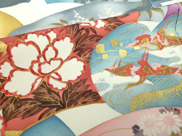 平和屋着物●豪華振袖 駒刺繍 地紙飛鶴花文 金彩 正絹 逸品 DAAQ3274ps