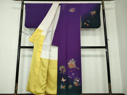 平和屋着物●訪問着 駒刺繍 総刺繍 舞蝶花車文 暈し染め 金糸 正絹 逸品 DAAQ3287ps