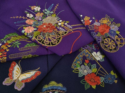平和屋着物●訪問着 駒刺繍 総刺繍 舞蝶花車文 暈し染め 金糸 正絹 逸品 DAAQ3287ps