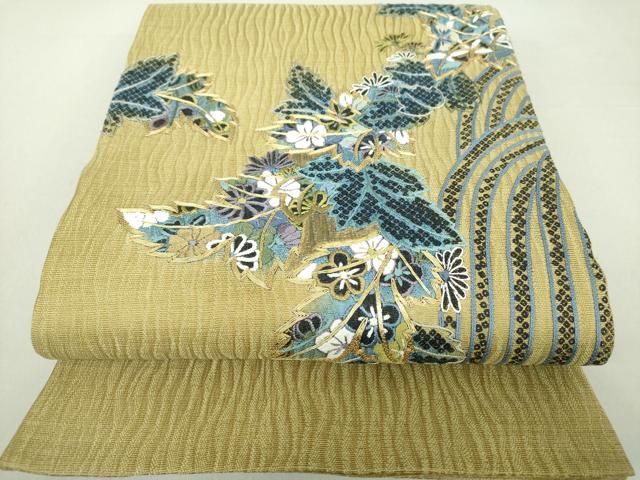 平和屋着物▽太鼓柄袋帯 スリーシーズン帯 春 夏 秋 駒刺繍 総刺繍 櫛織り 草花文 金糸 正絹 逸品 DAAQ3304ps