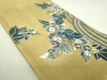 平和屋着物▽太鼓柄袋帯 スリーシーズン帯 春 夏 秋 駒刺繍 総刺繍 櫛織り 草花文 金糸 正絹 逸品 DAAQ3304ps