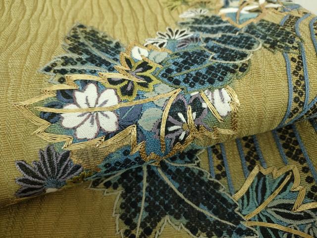 平和屋着物▽太鼓柄袋帯 スリーシーズン帯 春 夏 秋 駒刺繍 総刺繍 櫛織り 草花文 金糸 正絹 逸品 DAAQ3304ps