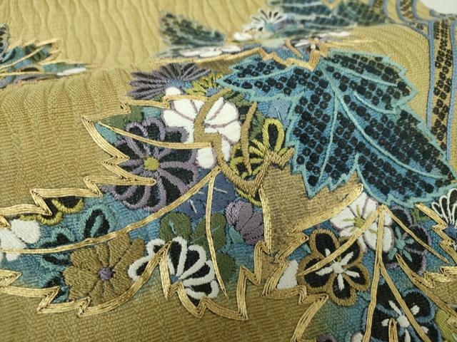 平和屋着物▽太鼓柄袋帯 スリーシーズン帯 春 夏 秋 駒刺繍 総刺繍 櫛織り 草花文 金糸 正絹 逸品 DAAQ3304ps