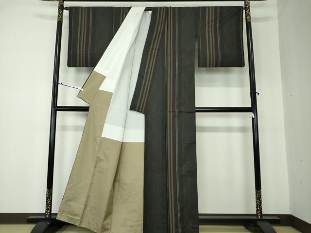 平和屋着物●本場縞大島紬　花間道　黒地　正絹　逸品　DAAQ3335ps