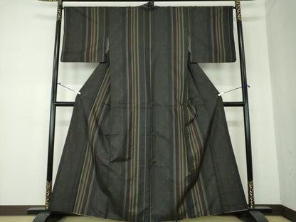 平和屋着物●本場縞大島紬　花間道　黒地　正絹　逸品　DAAQ3335ps
