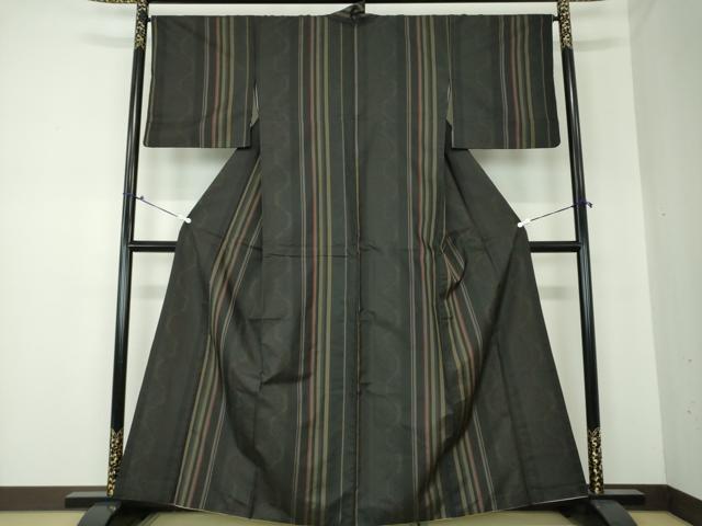平和屋着物●本場縞大島紬　花間道　黒地　正絹　逸品　DAAQ3335ps