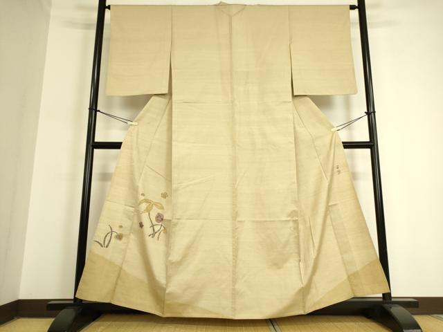 平和屋着物▽西陣 宮階織物 宮繍苑 里葉 付下げ 単衣 紬地 草花文 正絹 逸品 DAAQ3565az