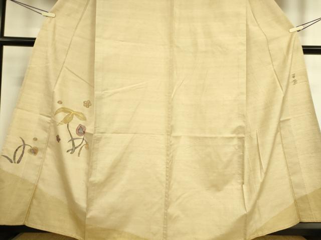 平和屋着物▽西陣 宮階織物 宮繍苑 里葉 付下げ 単衣 紬地 草花文 正絹 逸品 DAAQ3565az