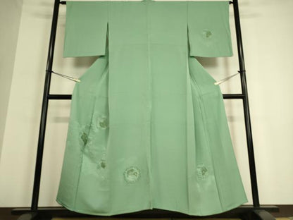 平和屋着物▽訪問着 単衣 総刺繍 陶器花文 青竹色 正絹 逸品 DAAQ3590az