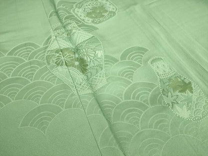 平和屋着物▽訪問着 単衣 総刺繍 陶器花文 青竹色 正絹 逸品 DAAQ3590az
