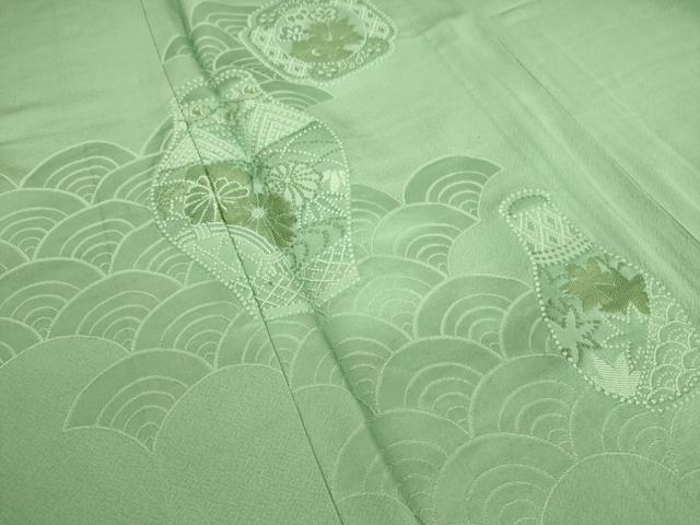 平和屋着物▽訪問着 単衣 総刺繍 陶器花文 青竹色 正絹 逸品 DAAQ3590az