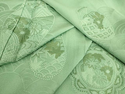 平和屋着物▽訪問着 単衣 総刺繍 陶器花文 青竹色 正絹 逸品 DAAQ3590az