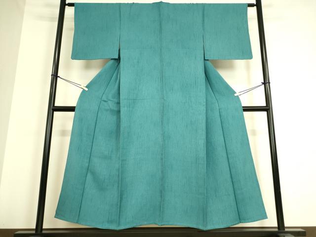 平和屋着物▽上質な色無地　単衣　霞地紋　青緑色　正絹　逸品　DAAQ3592az