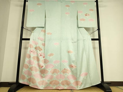 平和屋着物▽訪問着 単衣 絞り 刺繍 扇面吉祥花文 金彩 正絹 逸品 DAAQ3593az