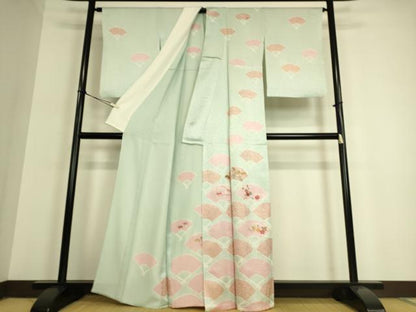 平和屋着物▽訪問着 単衣 絞り 刺繍 扇面吉祥花文 金彩 正絹 逸品 DAAQ3593az