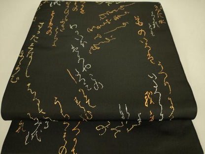 平和屋着物●龍村平蔵製 太鼓柄 本袋帯 かな六歌仙 黒地 金糸 正絹 逸品 DAAQ3665az