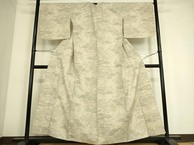 平和屋着物▽結城紬　単衣　雲取り風景文　100亀甲　正絹　逸品　DAAQ4518az