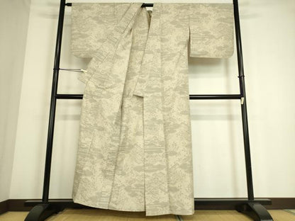 平和屋着物▽結城紬　単衣　雲取り風景文　100亀甲　正絹　逸品　DAAQ4518az