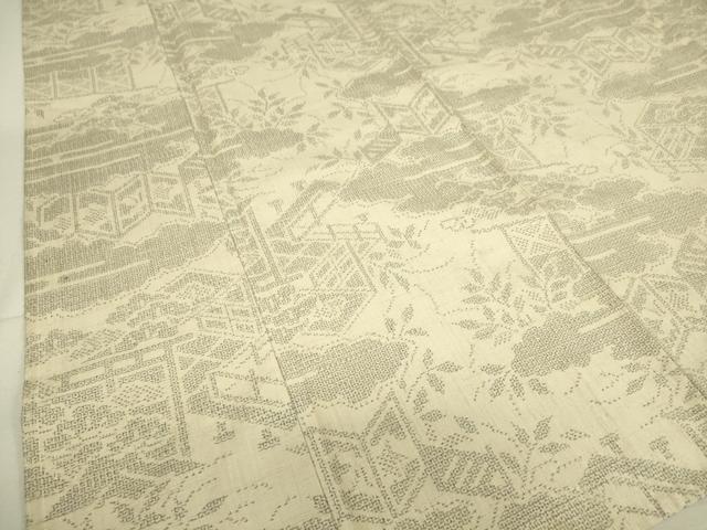 平和屋着物▽結城紬　単衣　雲取り風景文　100亀甲　正絹　逸品　DAAQ4518az